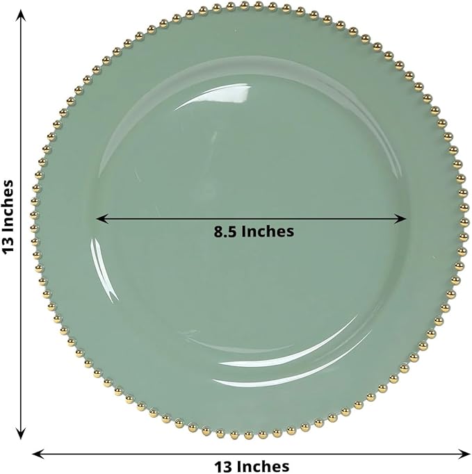 Efavormart 10-Pack Economy Plastic Charger Plates 13" Round Dusty Sage Green with Gold Beaded Rim - Stylish Dinner Party Serving Plates