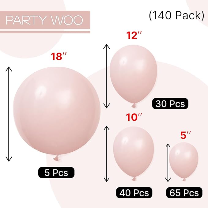 PartyWoo Dusty Pink Balloons 140pcs Different Sizes of 18 12 10 5 Inch Boho Blush Lilac Pink Latex Balloons for Birthday Baby Shower Graduation Anniversary Bachelorette Party Decorations Pink-F54