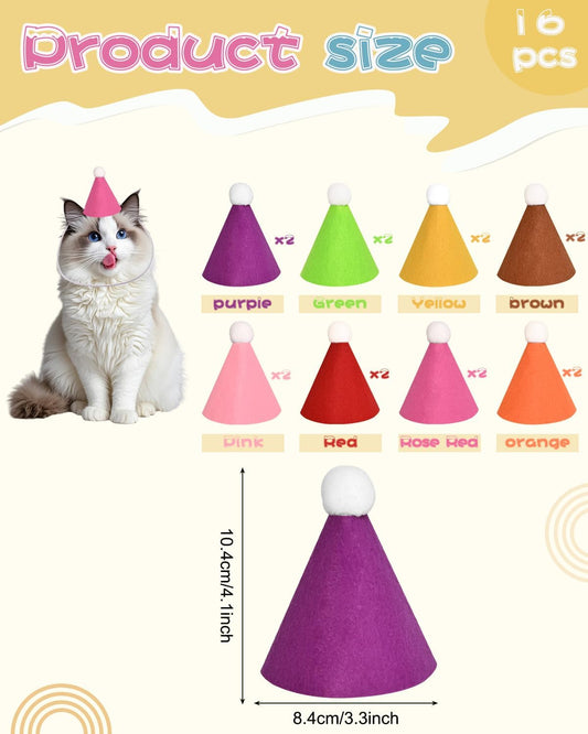 32Pcs Mini Birthday Party Hats for Stuffed Animals, Felt Small Party Hats, Reusable Party Animal Decorations,Cat Birthday Hat