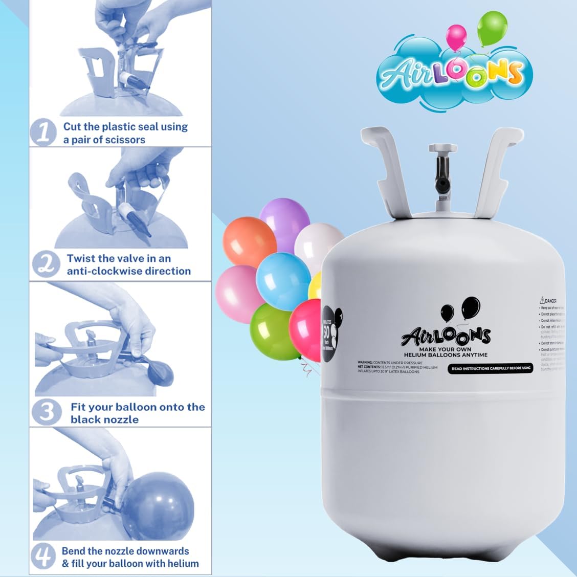 Airloons Helium Balloon Kit with 7.5 Cu Ft Tank – Includes 30 Multicolor 9 inch Latex Balloons, Ribbon & Easy to Fill Nozzle – Easy Setup for Birthdays, Weddings, Baby Showers, DIY Party Décor