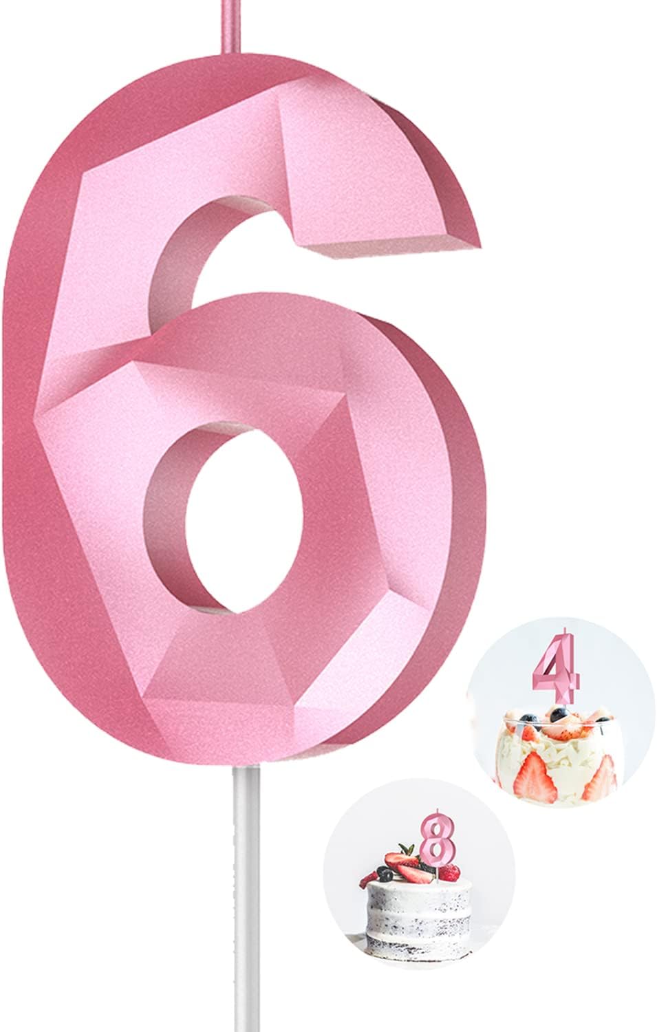 Number Birthday Candles(6 Candle Pink) 3D Diamond Shape 6th Happy Birthday Cake Topper Decorations for Girl Women Birthday Wedding Anniversary Celebration Theme Party Supplies