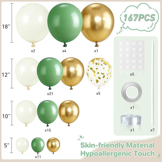 Sage Green White Gold Balloon Garland Arch Kit, 167Pcs Latex Balloons Different Sizes 15 12 10 5 inch for Baby Shower Gender Reveal Birthday Engagement Party Decorations