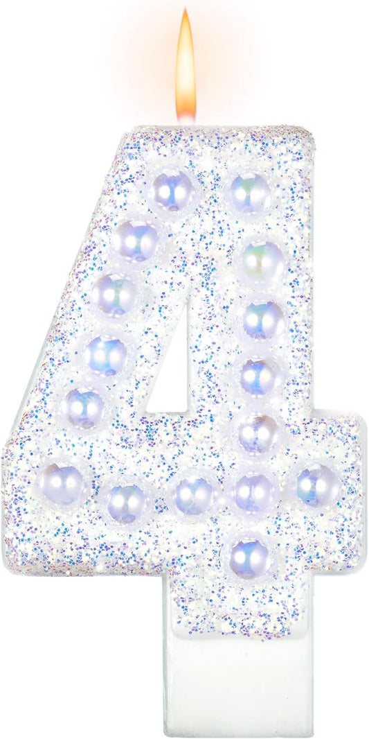 Birthday Candles, Number 4 Birthday Candle for Cake, Birthday Candles Sparklers with Holographic Colored Pearls, 3.35" Large Pearl Candles for Four Sweet Birthday Party Decoration Supplies