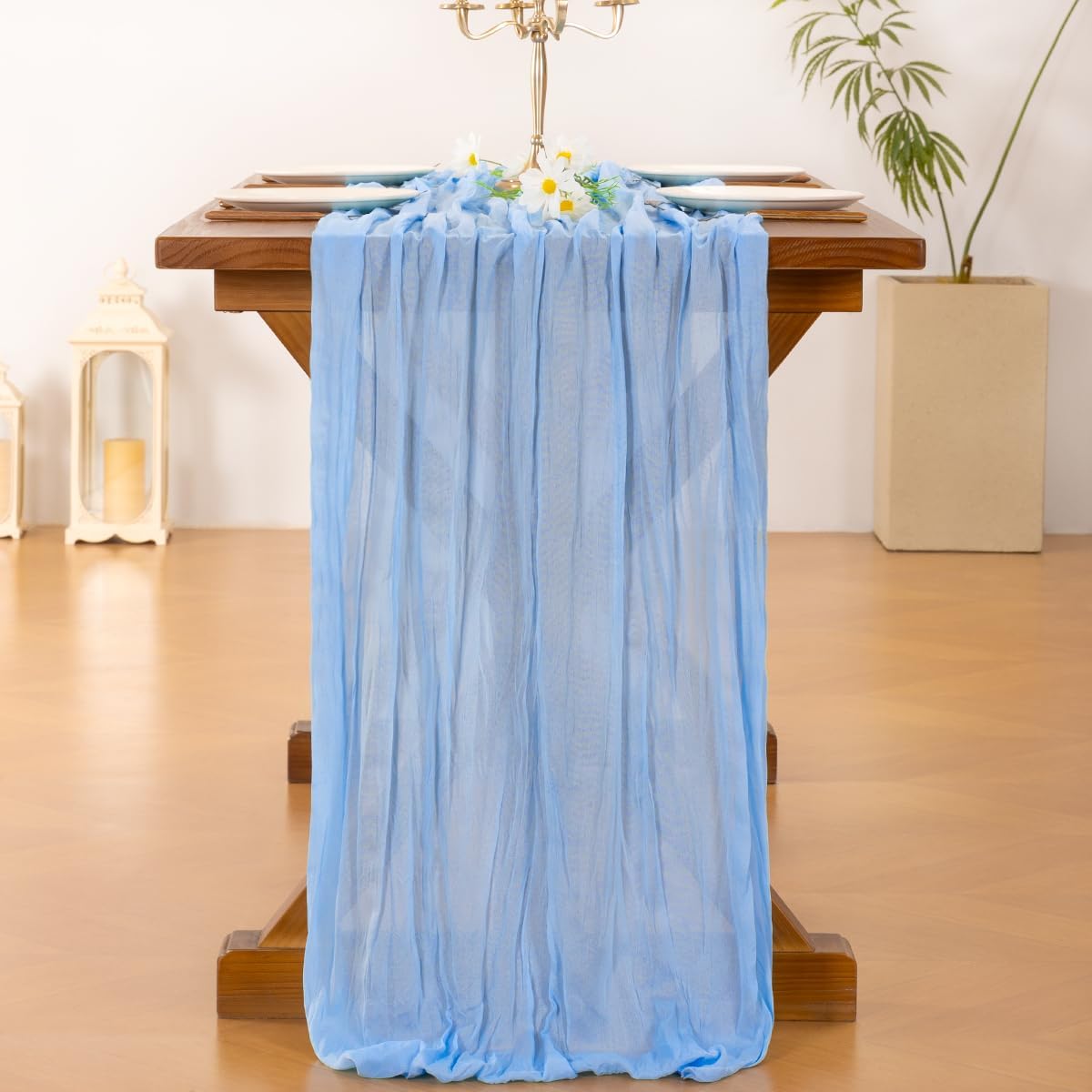 Socomi 10pcs Blue Fall Thanksgiving Cheesecloth Table Runner Light Blue Boho Rustic Gauze 120 inch 10FT Cheese Cloth Runner for Wedding Party Baby Shower Birthday Home Decor Holiday Decorations