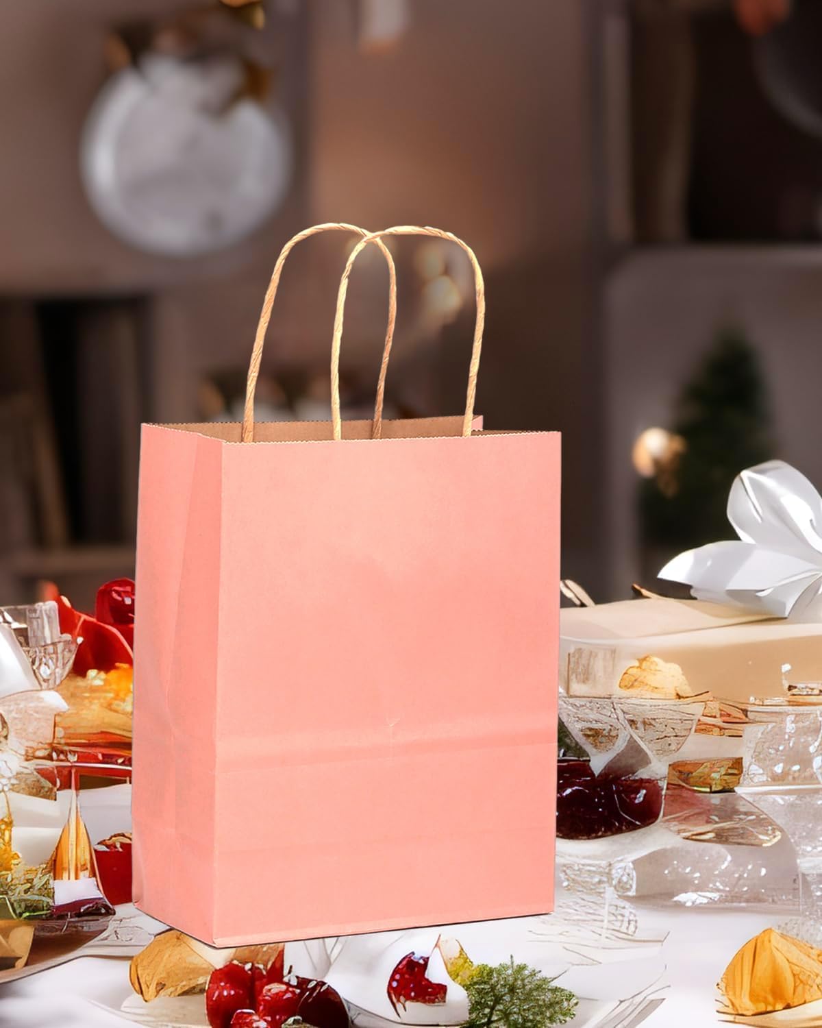 qiqee 100PCS Gift Bag with Handles Bulk Light Pink Paper Bags Multiple Uses (11"x5"x8" Medium Size)