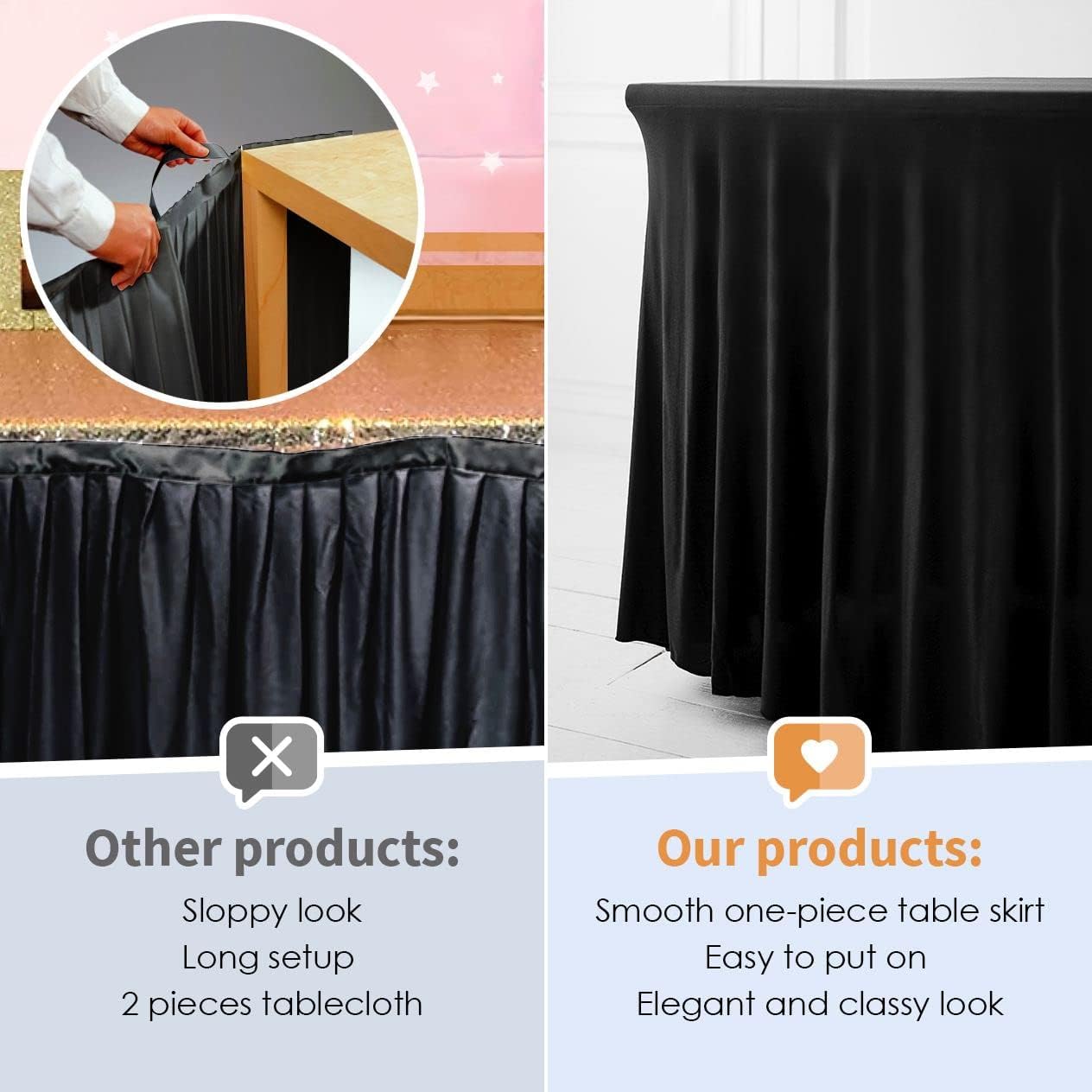Your Magic Moment Black Table Skirt for 6 ft 1 Piece Rectangle Folding Tables - Spandex Table Covers for 6ft Rectangle Tables
