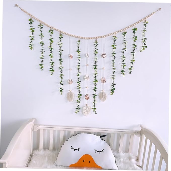 Nordic Style Wooden Bead Garland with Simulated Eucalyptus Leaves and Shells Lightweight Hanging Wall Decor for Bedroom Window Shelf Festive Photo Prop and Home Decoration