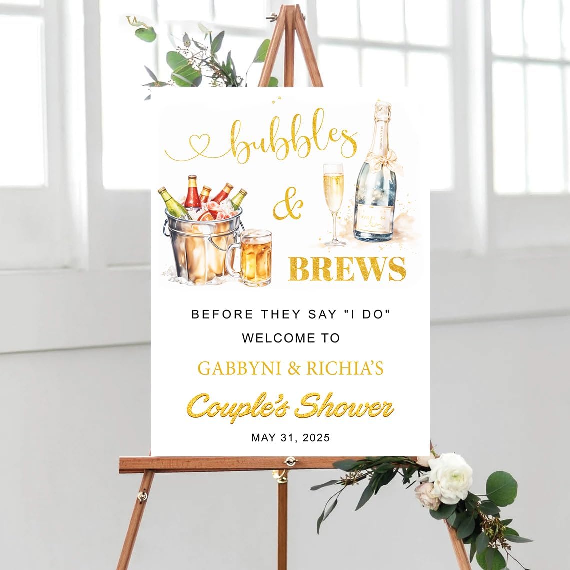 Personalized Greenery Eucalyptus Bubbles and Brews Couples Shower Welcome Sign, Gold Modern Minimalist Wedding Shower Bridal Party Decoration, Outdoor Plastic Sign Weatherproof #4