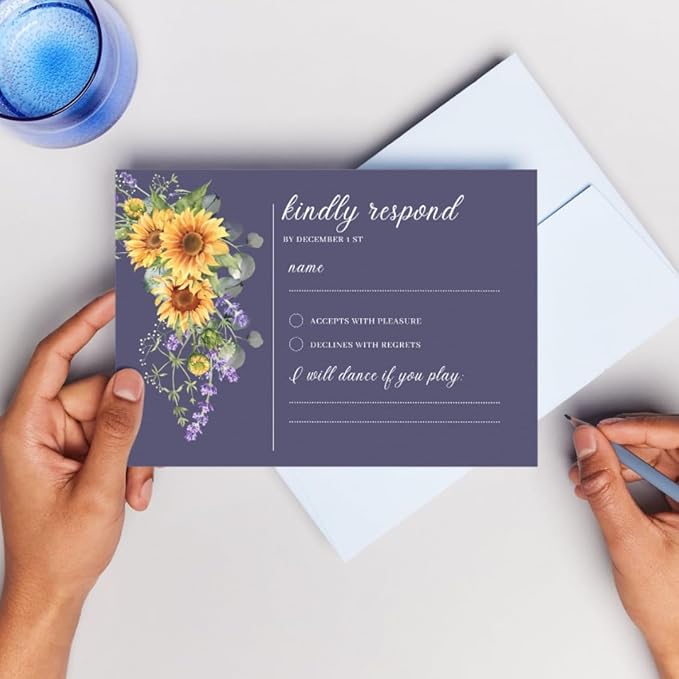 Preprinted Purple and Yellow Sunflower Wedding or Party RSVP Cards, Personalized Response Card Glossy Finish With White Envelopes, Set of 15 with Envelope, 5x3.5 inch Cards (Navy Blue)