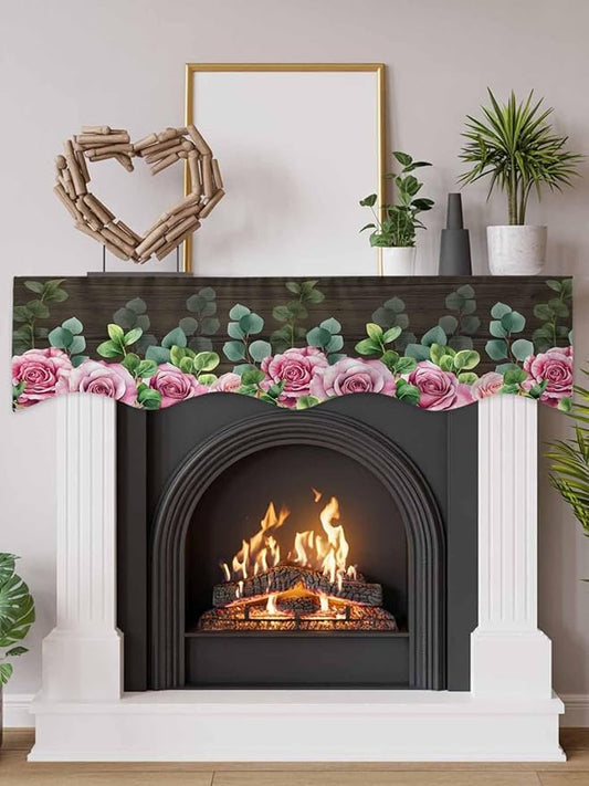Spring Pink Roses Fireplace Mantel Scarf Table Runner, Pastoral Eucalyptus Leaves Brown Wooden Winter Garland Mantel Top Tablerunners Dresser Scarves Cover for Windows Party Living Room 90''x17''