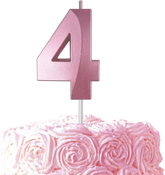 Pink Number 4 Candles, 3D Diamond 2.76 Inch Cake Topper Birthday Candles for Wedding Anniversary Cake Decorations, Happy Birthday Party Decorations
