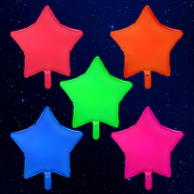 Mega-L Glow in the Dark Party Supplies, 5 Pcs Neon Star Balloons Set – Fluorescent Red, Lemon Yellow, Fuchsia, Blue and Orange Balloons Perfect for Birthday, Wedding, Anniversary, Graduation Party