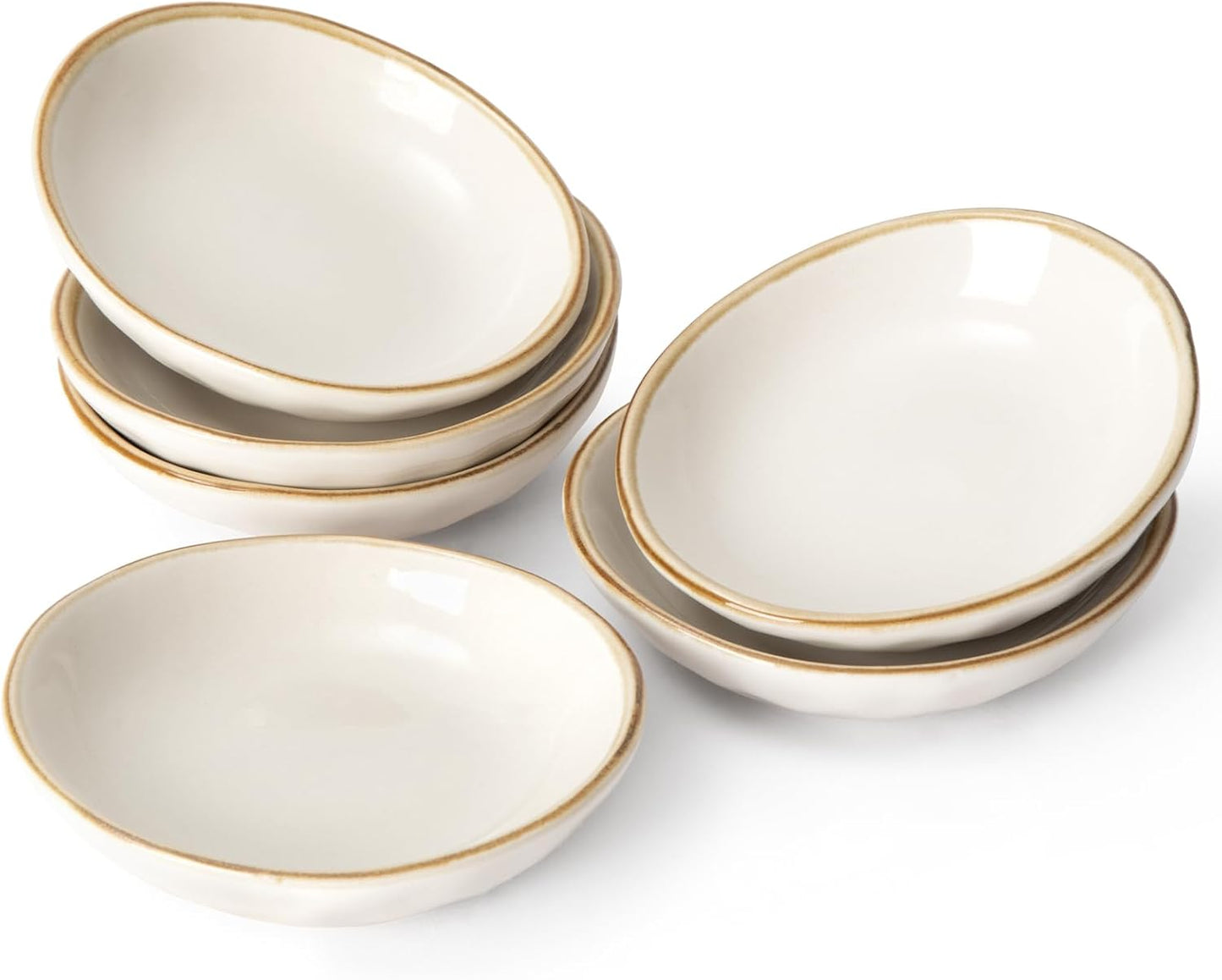 famiware Ocean Soy Sauce Dishes of 6, Oval Dipping Sauce Cups/Bowls/Dishes for Kitchen, 2.1oz Ceramic Small Bowls for Side Dish, Appetizers, Snacks, and Sushi, Dishwasher Safe, Vanilla White