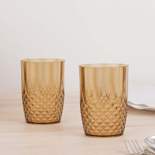 Efavormart 6-Pack Plastic Tumblers, 16oz Unbreakable Drinking Glasses Crystal Cut Style Amber Gold - Shatterproof Short Cups