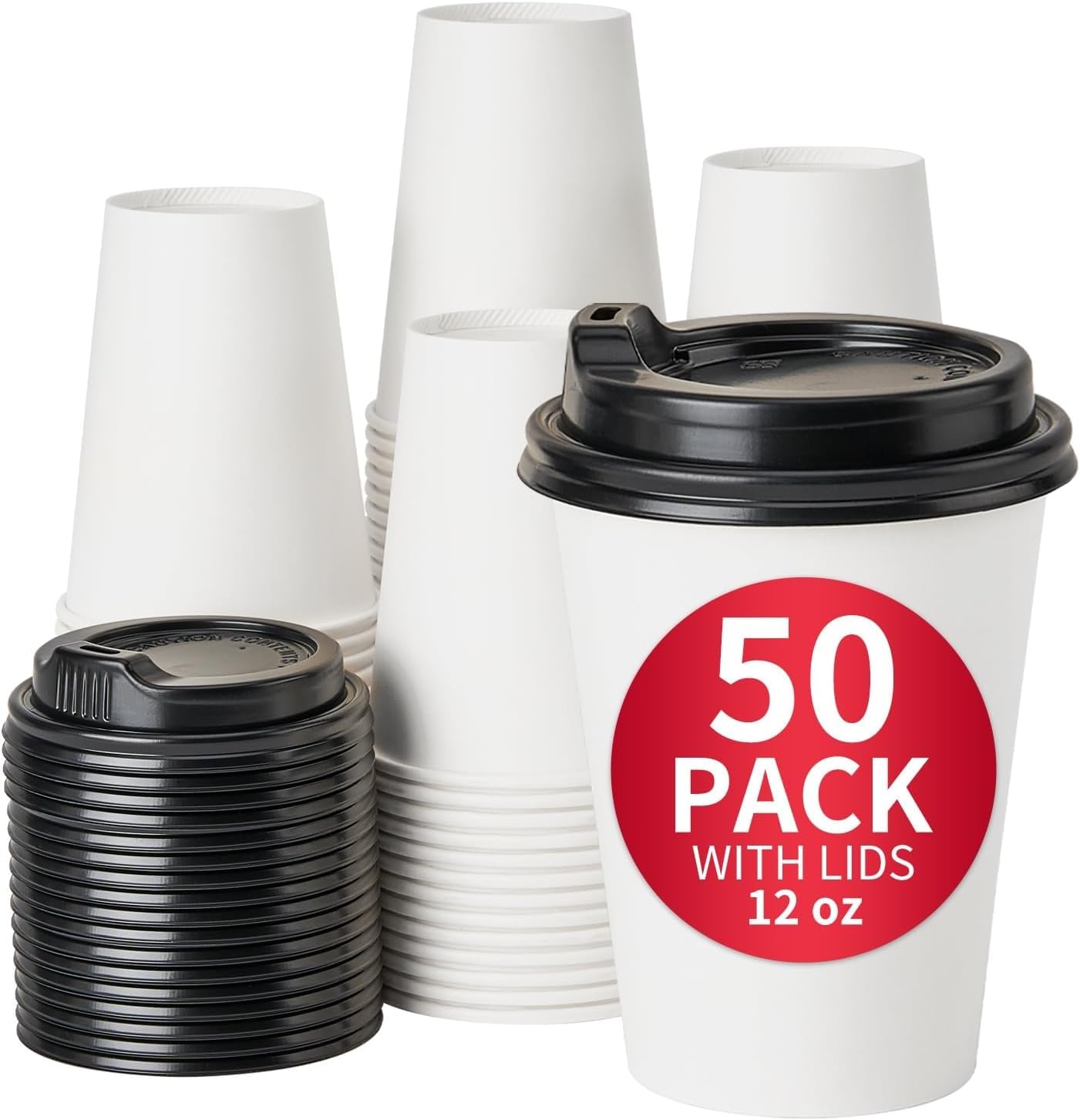 RACETOP 12 oz 50 Pack Disposable Paper Coffee Cups with Lids, Paper Coffee Cups with Lids 12 oz, Hot Cup for Home/Office
