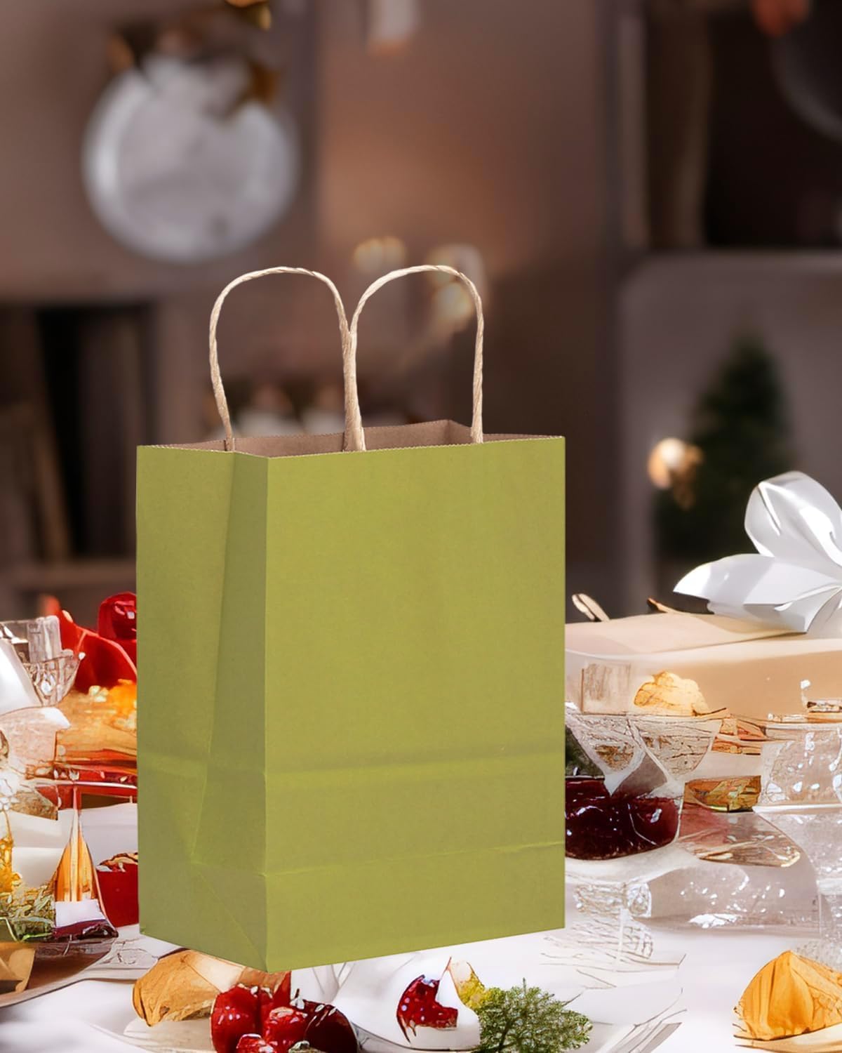 qiqee 100PCS Gift Bag with Handles Bulk Forest Green Paper Bags Multiple Uses (11"x5"x8" Medium Size)
