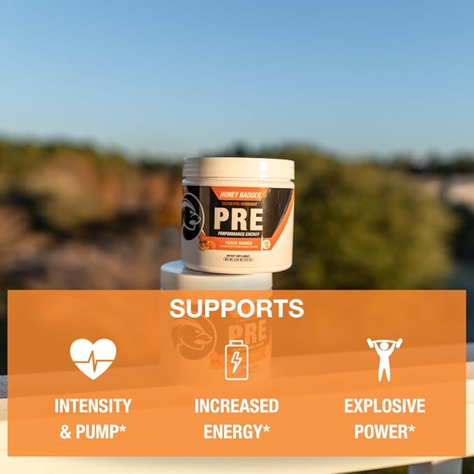 Honey Badger Pre Workout Powder, Keto Vegan Preworkout for Men & Women, Beta Alanine & Caffeine, Sugar Free Natural Energy Supplement, Peach Mango, 30 Servings