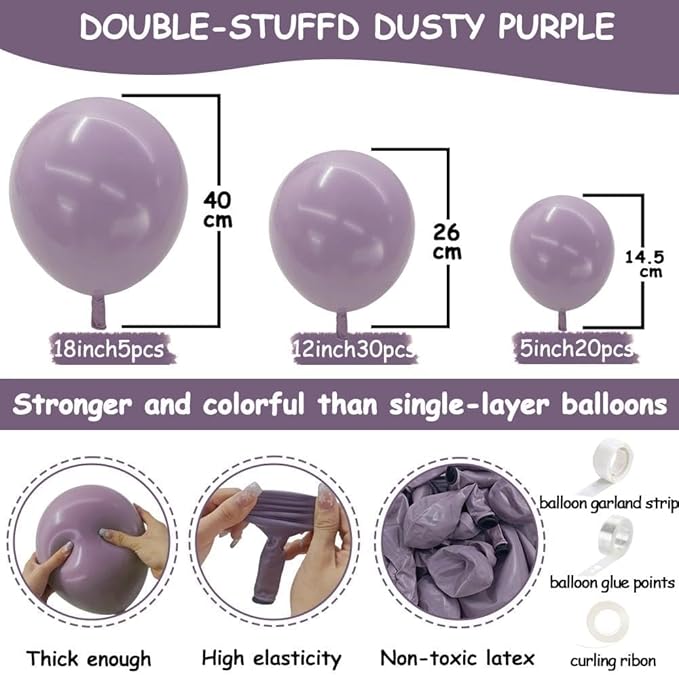 Dusty Purple Balloons Double Stuffed Dark Purple Balloons 18/12/5 Inch Retro Lilac Pastel Lavender Balloon Garland Arch for Wedding Birthday Baby Shower Bridal Shower Mother's Day Party Decorations