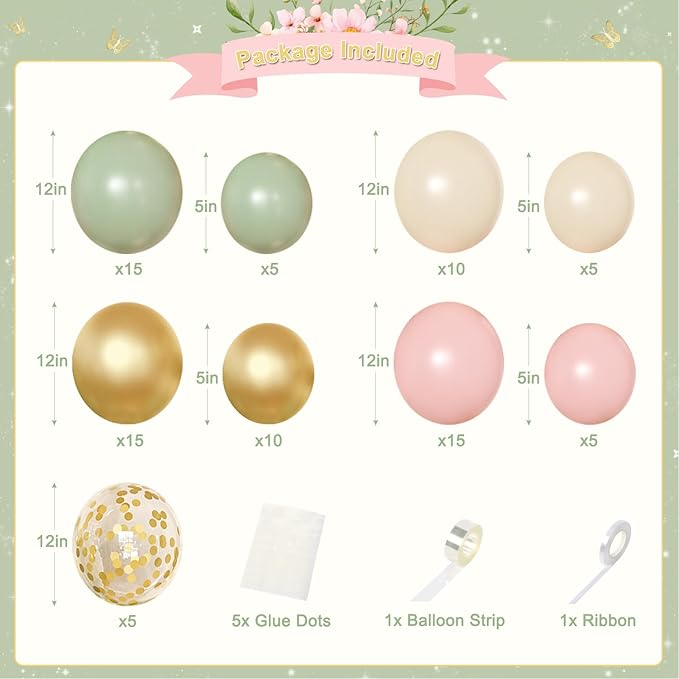 Pink and Green Birthday Decorations for Women Girls, Sage Green Pink Sand White Gold Foil Confetti Balloons Happy birthday Banner Gold Butterfly Fringe Curtains Birthday Decorations