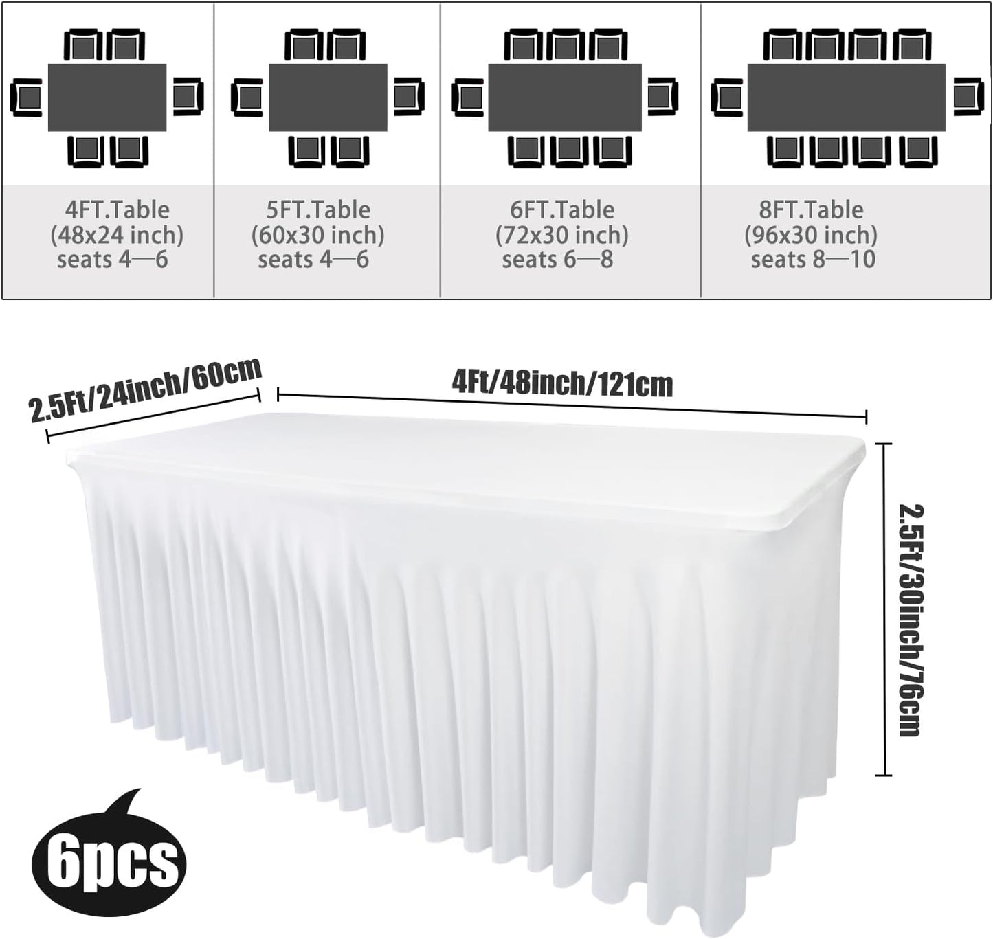 6-Pack White Table Skirts for 4-Foot Rectangle Tables | 48''L x 24''W x 30''H | Stretch Spandex Fitted Tablecloths | Washable, Wrinkle-Resistant | Perfect for Parties, Banquets, Birthdays