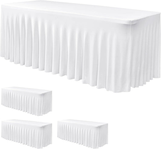 Nasitos White Table Skirt for 8 Foot Rectangle Tables, 4 Pack - 96 x 30 Inch - Stretch Spandex Fitted Table Clothes, Fabric Table Covers Cocktail Tablecloths for Party, Banquet, Birthday
