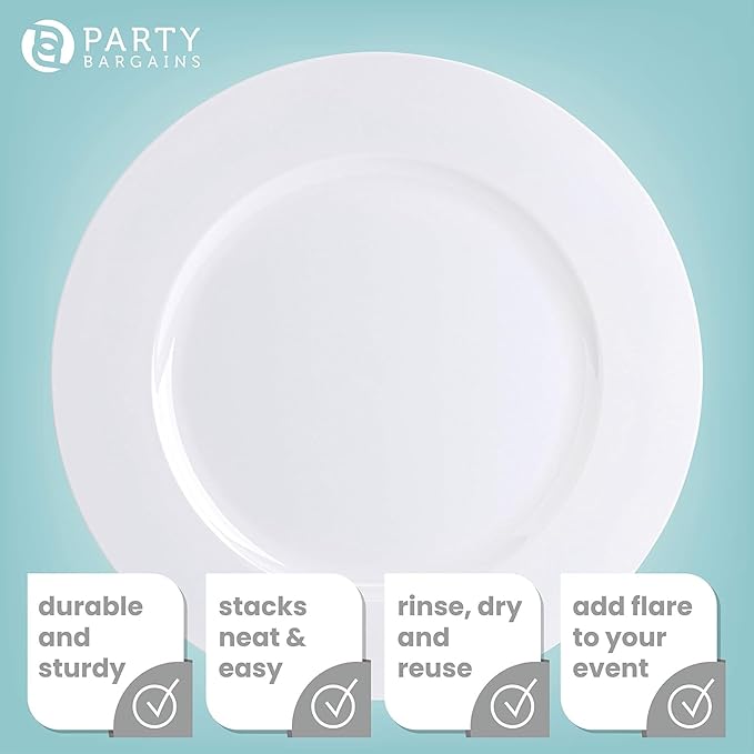 PARTY BARGAINS 13-Inch Charger Plates - 16 Pack, White, Heavy-Duty Disposable Chargers for Elegant Dining - Ideal for Weddings and Formal Events