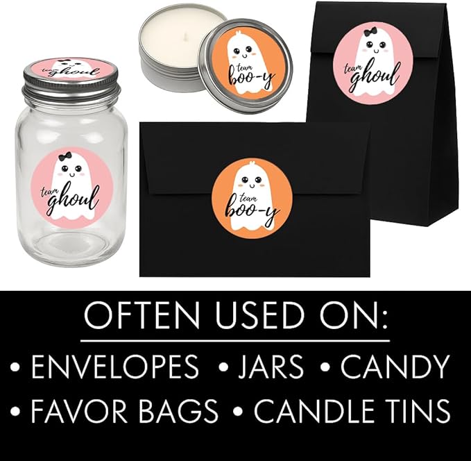 Halloween Gender Reveal Party, Team Boo-y or Team Ghoul Little Ghost Stickers - 40 Count (Orange and Pink)