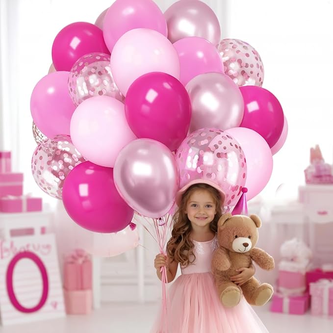 Zesliwy Pink Balloon Hot Pink Balloons Set, 50pcs 12inch Pastel Light Pink Metallic Pink Confetti Balloons for Princess Birthday Wedding Bridal Shower Valentine's Day party Decorations