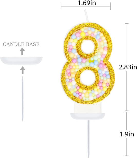 8th Birthday Candle for Cake, Colorful Macaron Numeral Candles for Girls/Boys, Birthday Party Cake Decorations, Golden Cake Topper for Birthday Party Supplies (Number 8)