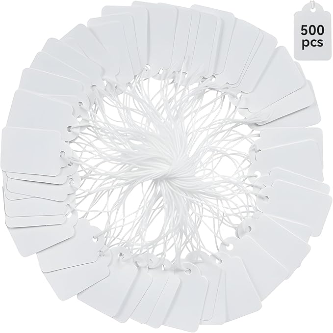 Brothersbox Price Tags with String Attached, 500pcs White Smooth Surface Marking Merchandise Strung Tag Writable Label Small Hang Tag for Pricing Gift Jewelry Clothing 1.375 x 0.875 inch
