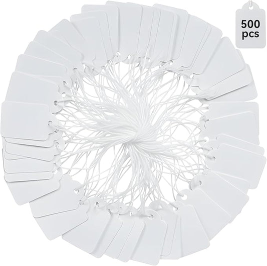 Brothersbox Price Tags with String Attached, 500pcs White Smooth Surface Marking Merchandise Strung Tag Writable Label Small Hang Tag for Pricing Gift Jewelry Clothing 1.375 x 0.875 inch
