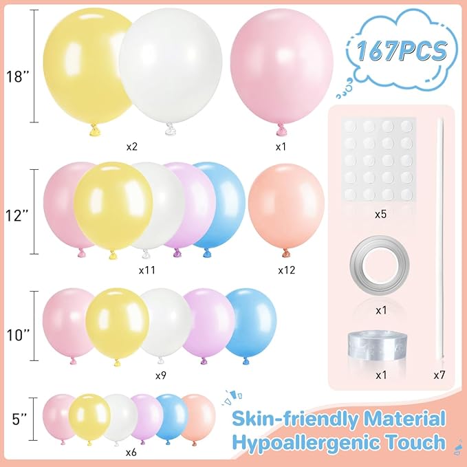 Pastel Balloon Garland Arch Kit, 167Pcs Macaron Colorful Yellow White Pink Blue Orange Plum Balloons for Rainbow Birthday Graduation Pride Month Party Decorations