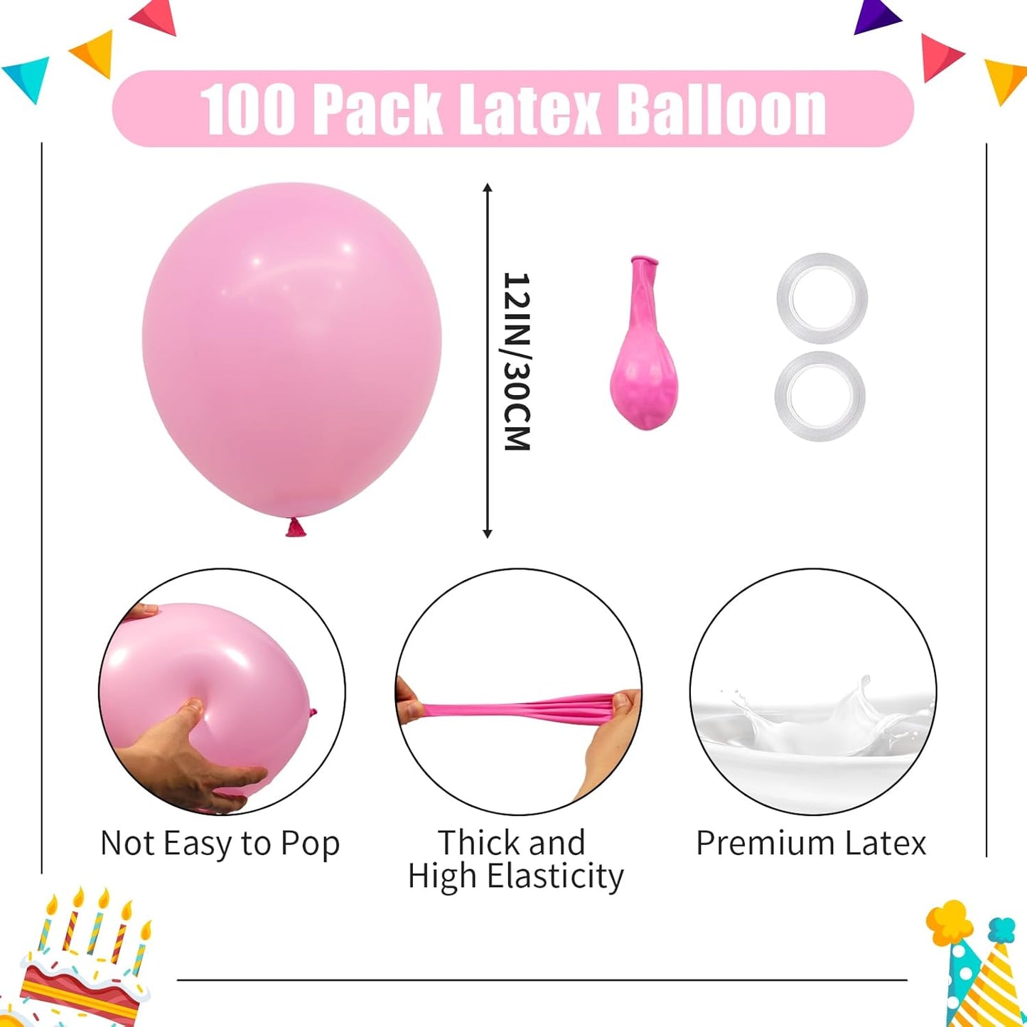 Pink Balloons - 12 inch 100pcs Latex - Round Matte Pink Birthday Balloons with 2 Ribbons for Birthday Wedding Anniversary Baby Shower Gender Reveal Party Decorations
