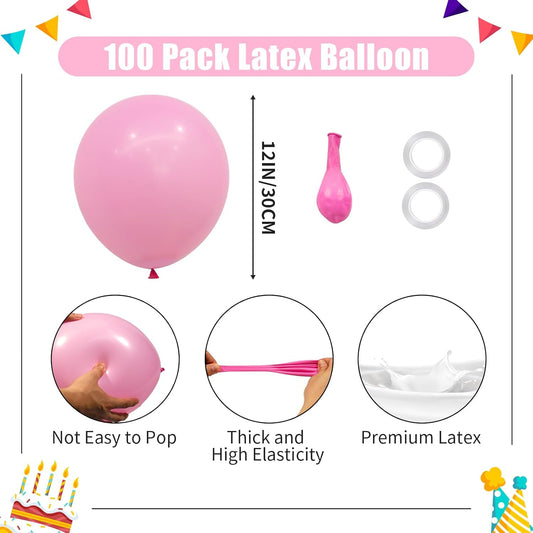 Pink Balloons - 12 inch 100pcs Latex - Round Matte Pink Birthday Balloons with 2 Ribbons for Birthday Wedding Anniversary Baby Shower Gender Reveal Party Decorations