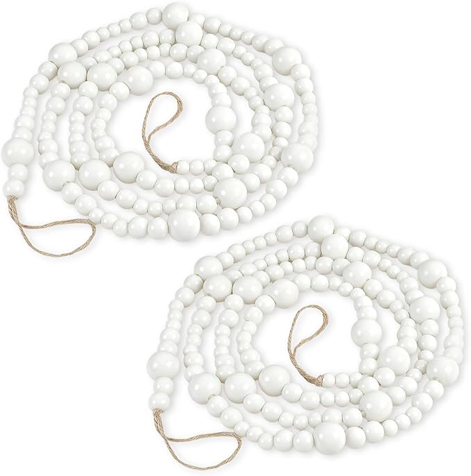 2PCS Christmas Wood Beads Garland 14.4 Feet Wooden Bead Garland Boho Ornaments for Christmas Tree, Xmas Vintage Rustic Farmhouse Round Craft Bead Hanging Holiday Decorations(White)