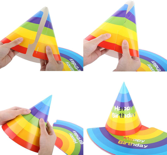Rainbow Cone Party Hats for Kids & Adults - 12 Pack, 8 inch - Perfect for Birthday Parties & Classroom Decorations