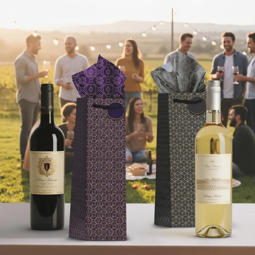 Luxstella Wine Gift Bags with Rope Handles – Pack of 12 Kraft Paper Bottle Bags with Tags & Tissue for Wine or Champagne Gifts