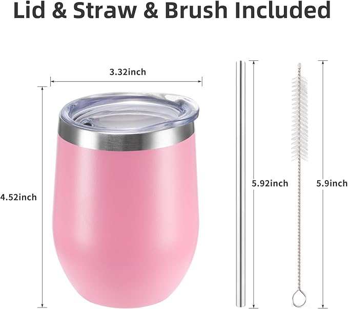 12 oz Insulated Wine Tumbler with Lid and Straw,Stainless Steel Stemless Wine Tumbler Glasses Double Wall Vacuum Wine Cups Tumbler Bulk for Coffee,Champaign,Cocktail,Office（Pink,1）