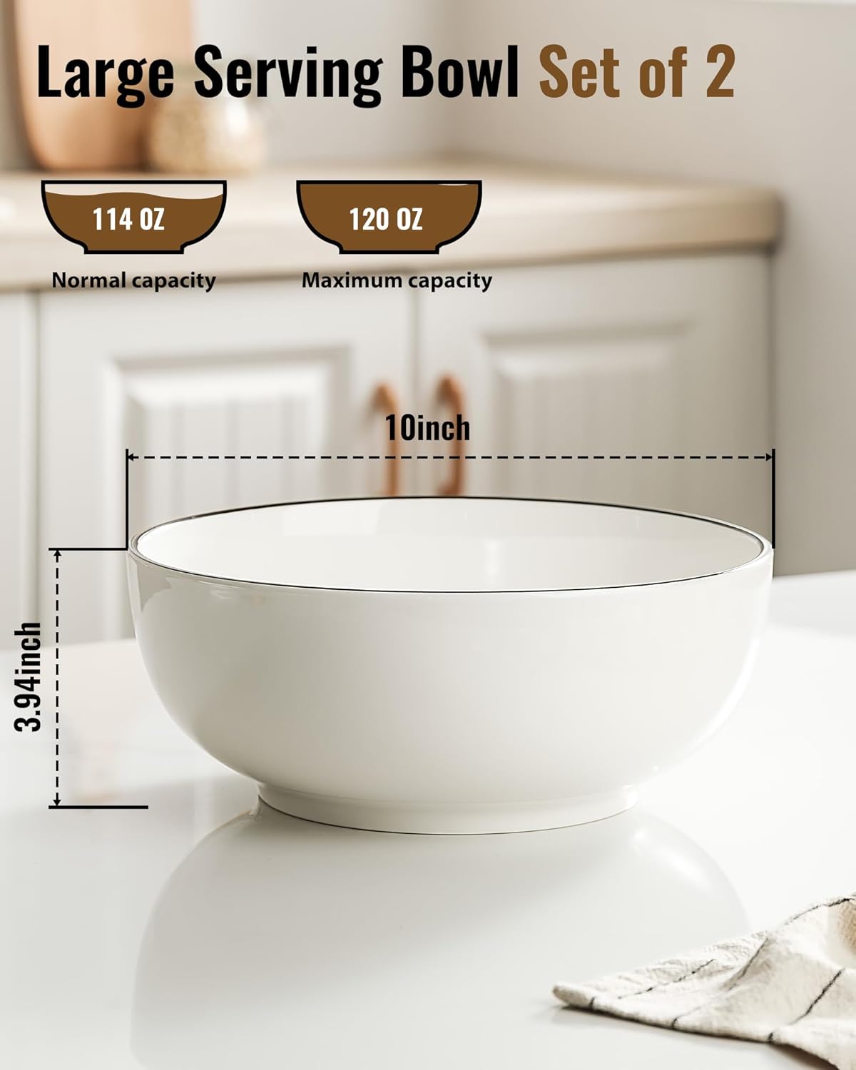 Salad Bowls, 120 OZ(10") Large Serving Bowls Set of 2, Ceramic White Serving Bowls for Salad, Soup, Pasta and Dinner, Large Porcelain Bowl Set for Entertaining with Black on the Rim