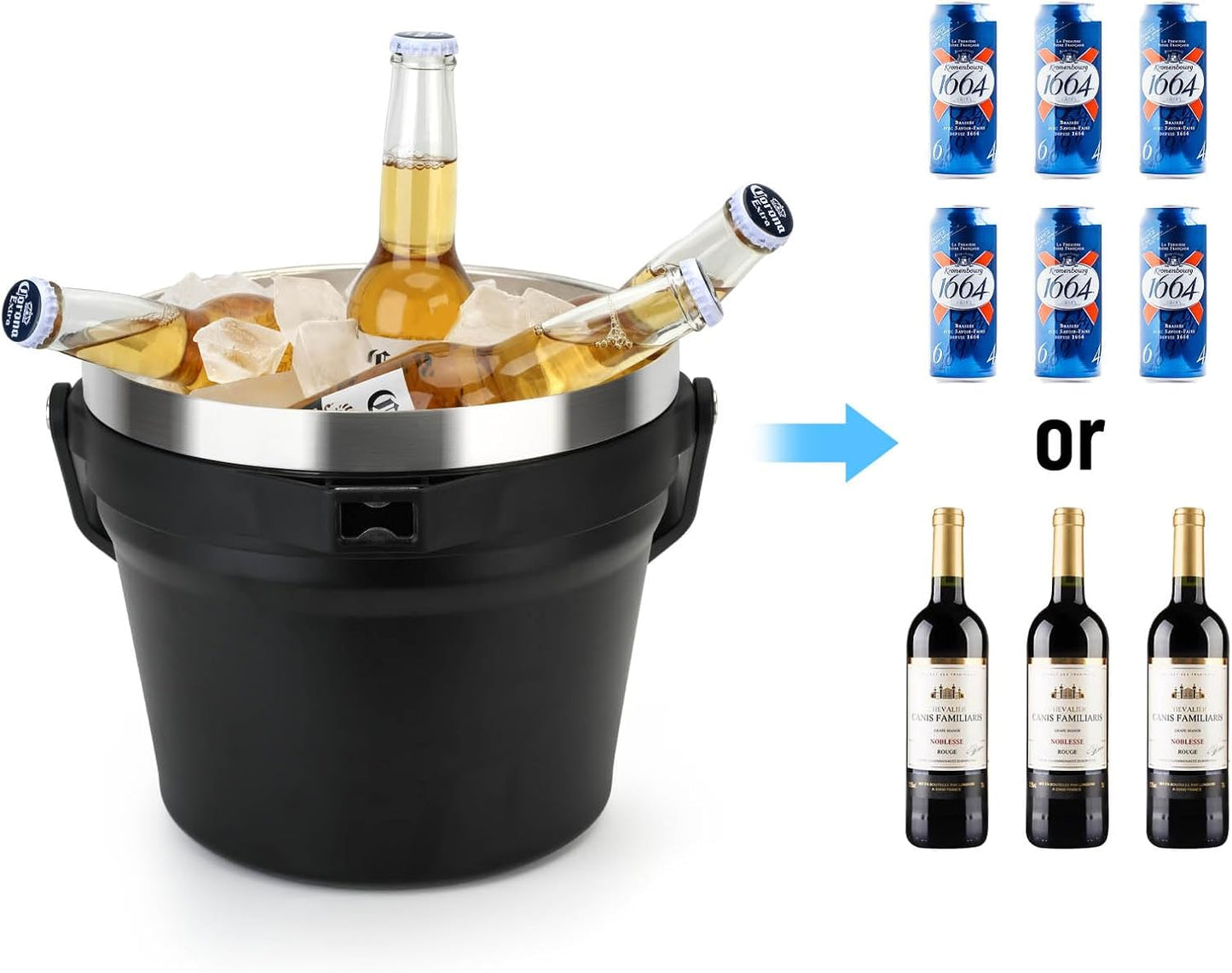 7.5L Insulated Ice Bucket with Lid, Scoop & Tongs, Large Stainless Steel Double-Wall Beverage Cooler, Holds 6 Beer Bottles or 3 Wine Bottles, Great for Parties, BBQ, Bar, Outdoor Events/256oz