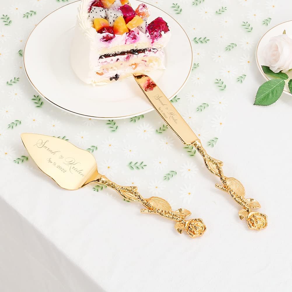 Cake Cutting Set for Wedding, Personalized Gold Cake Knife and Server Set, Custom Cake Serving Set, Engraved Pastry Pie Server Cake Pizza Cutter, Birthday Bridal Gift (CUS-Rose)