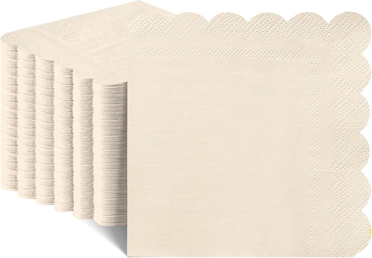 120 Pcs Ivory Cocktail Napkins Scalloped Beige Napkins Disposable Cream Dessert Beverage Napkin for Thanksgiving, Wedding, Baby Bridal Shower, Birthday