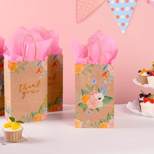 DjinnGlory 25 Pack Small Brown Kraft Floral Paper Gift Bags with Handles and Pink Tissue Paper for Party Goodies, Mother's Day, Thank You Vintage Flowers (9x5.5x3.15 Inch)