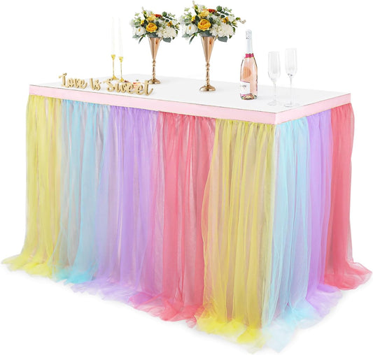 6FT Rainbow Tulle Table Skirts for Rectangle Tables or Round Table Cover with Skirt Princess Rainbow Ruffle Tulle Tutu TableSkirt for Baby Shower Girls Birthday Party Wedding Pastel Tutu Tablecloth
