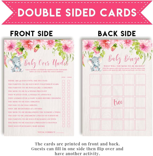 Amanda Creation Baby Shower Games 8 Game Set Watercolor Dahlia Floral Elephant Girl 80 Double-Sided Cards for 20 Guests.Bingo, Baby Predictions & Activities for Guests. Theme for Girl