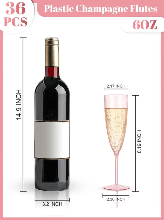 WDF 36PCS Pink Champagne Flutes Plastic - 6OZ Pink Disposable Champagne Flutes Party Supplies for Wedding/Birthday/Parties