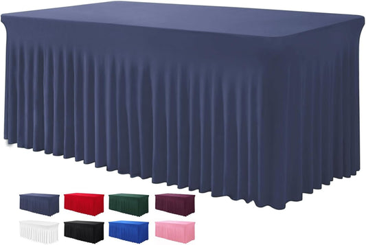 Table Skirt for 4 Foot Tables - One-Piece Navy Blue Tablecloths and Skirt, Wrinkle Resistant Ruffles Elastic Cover for Banquets, Weddings, Events, Parties