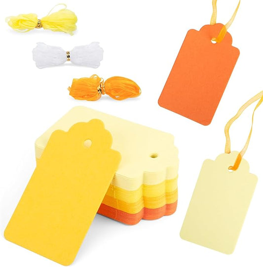 SallyFashion 100PCS Gift Tags, Yellow Paper Tags Hanging Label with Organza Ribbons for Gift Wrapping Fall Thanksgiving DIY Crafts Decoration