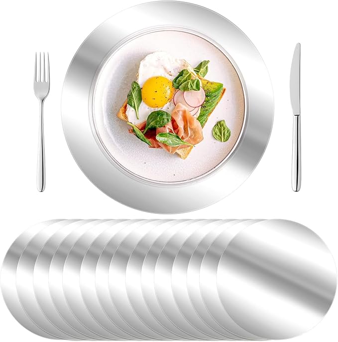 KesaPlan 50PCS Round Silver Placemats, 13" Disposable Paper Placemats for Dining Table, Mirrored Silver Charger Place Mat for Kitchen Banquet Table Setting Wedding Birthday Dinner Party Decor