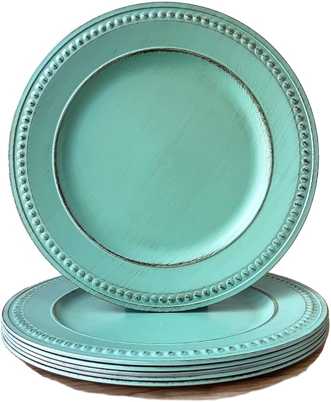 Antique Green Charger Plates,13 Inch Vintage Dinner Plate Chargers Round Server Ware.Set of 6 Plastic Beaded Chargers for Dinner Plates, Party, Wedding(Turquoise)